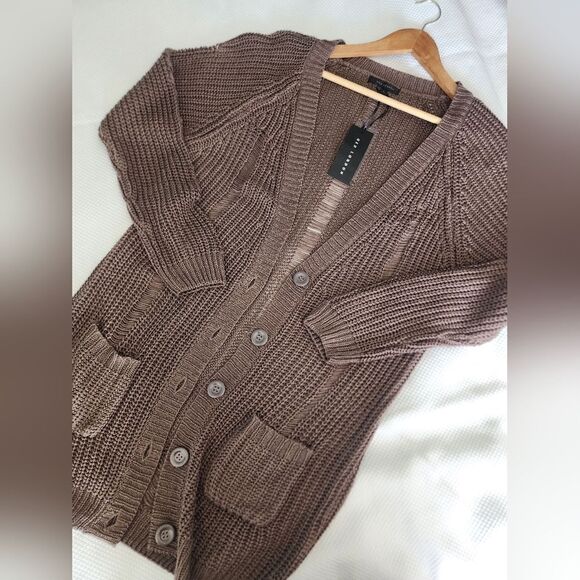 QED London Distressed Brown Long Cardigan Sweater Coastal - Picture 10 of 11